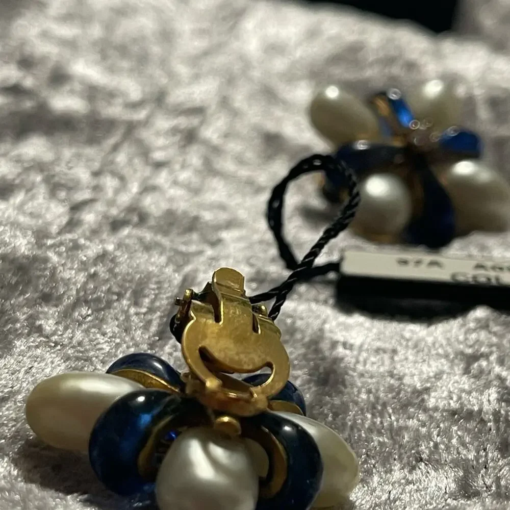 CHANEL Sapphire Gripoix, Pearl & Crystal CC Clip On Earrings Rare Vintage 1994